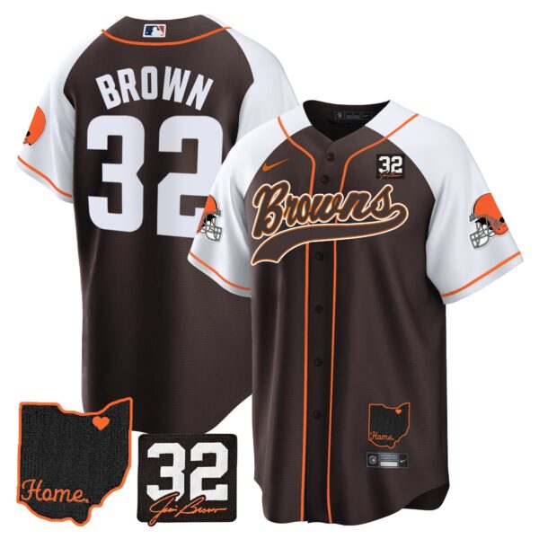 Browns #32 Jim Brown Memorial & Home Patch Baseball Jersey V2 – All Stitched – Alternate – Jim Brown Jersey