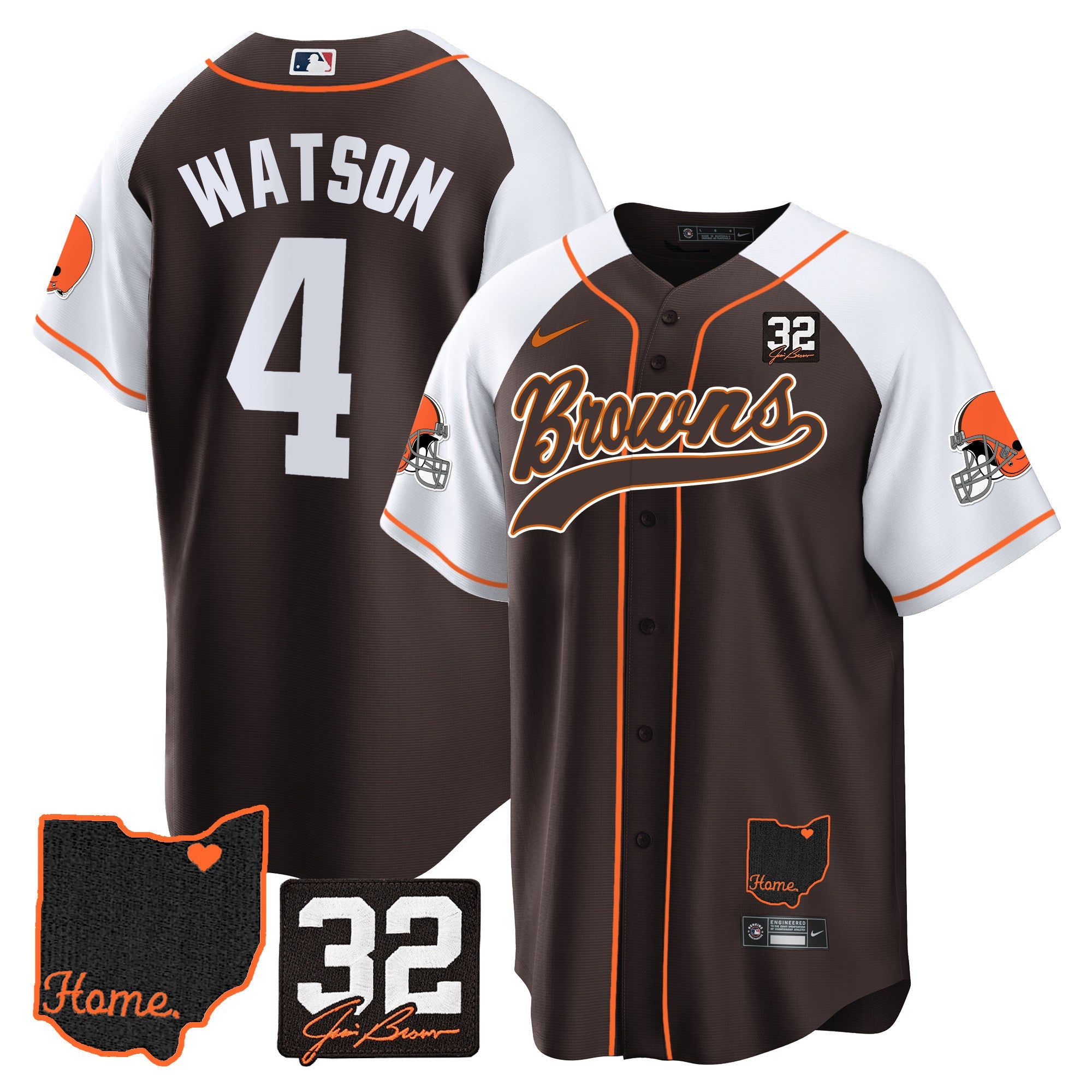 Browns #32 Jim Brown Memorial & Home Patch Baseball Jersey V2 – All Stitched – Alternate – Deshaun Watson Jersey