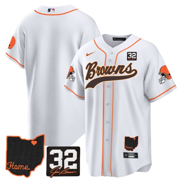 Browns #32 Jim Brown Memorial & Home Patch Baseball Jersey V2 – All Stitched – White – Team Jersey