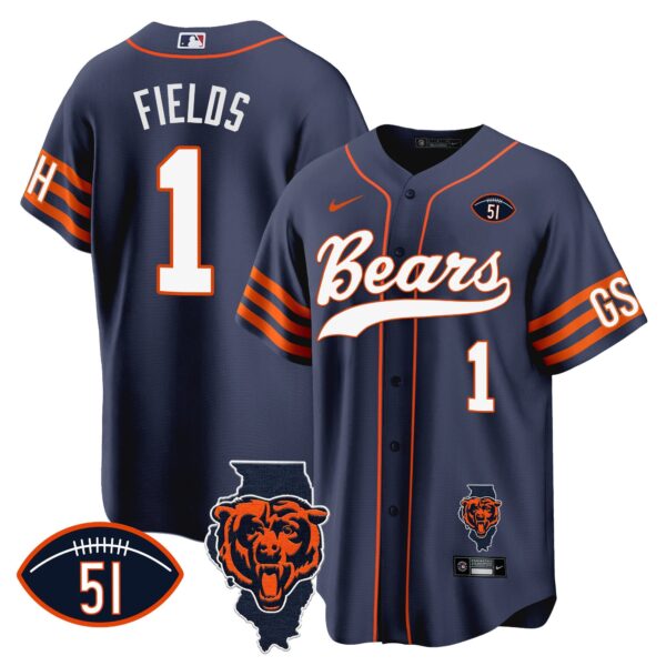Bears Illinois Patch Baseball Jersey – All Stitched – Navy – Justin Fields Jersey