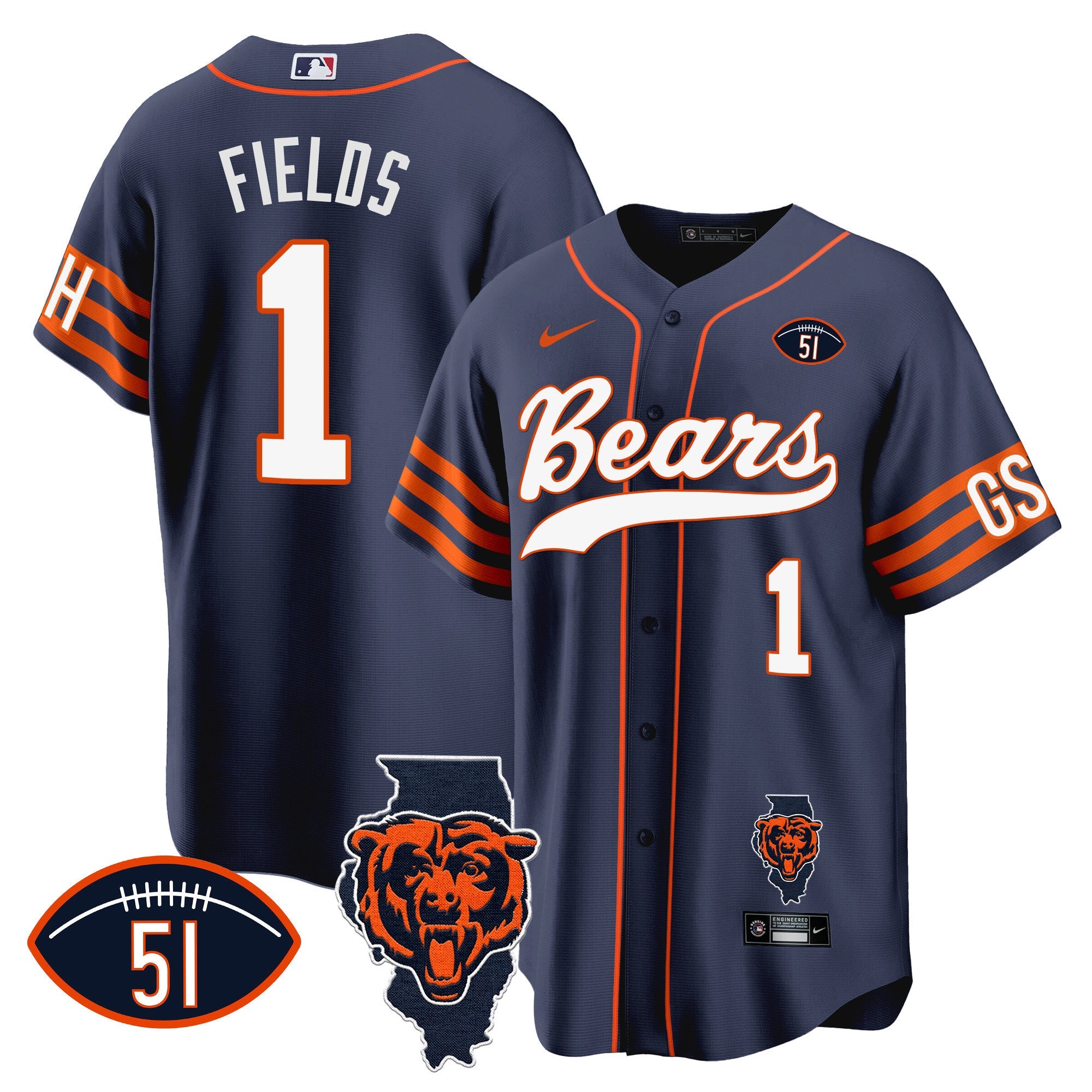 Bears Illinois Patch Baseball Jersey – All Stitched – Navy – Justin Fields Jersey