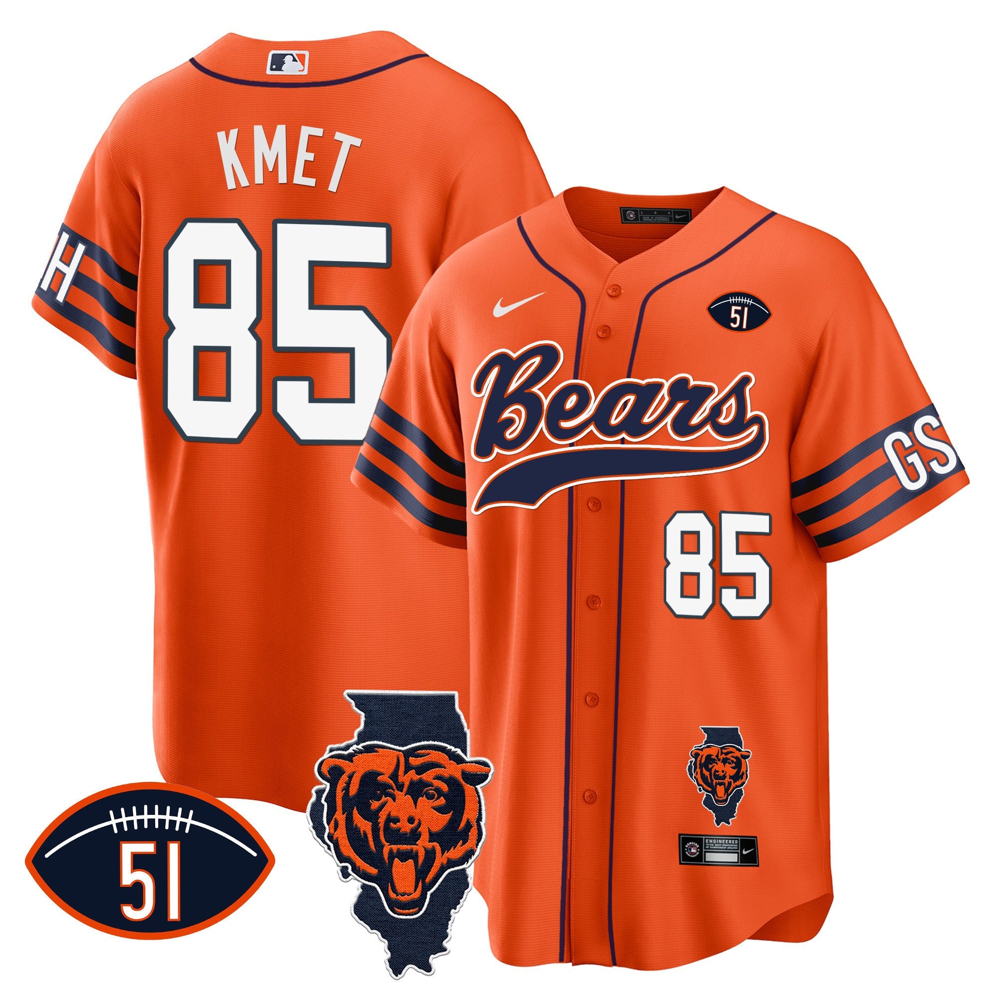 Bears Illinois Patch Baseball Jersey – All Stitched – Orange – Cole Kmet Jersey