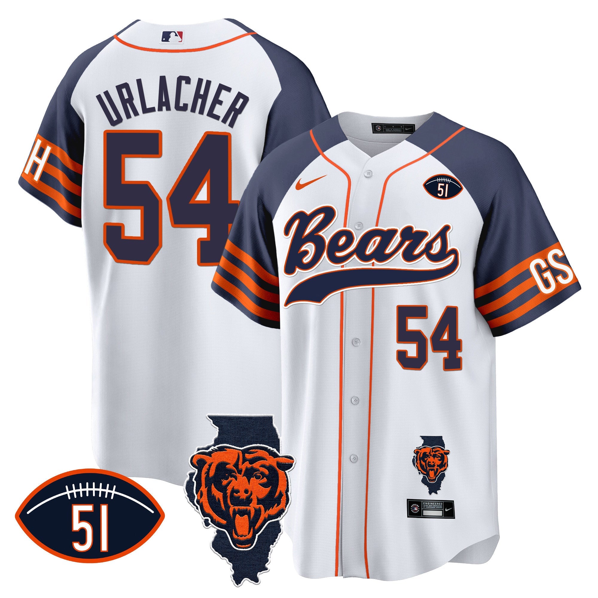 Bears Illinois Patch Baseball Jersey – All Stitched – Inverted – Brian Urlacher Jersey