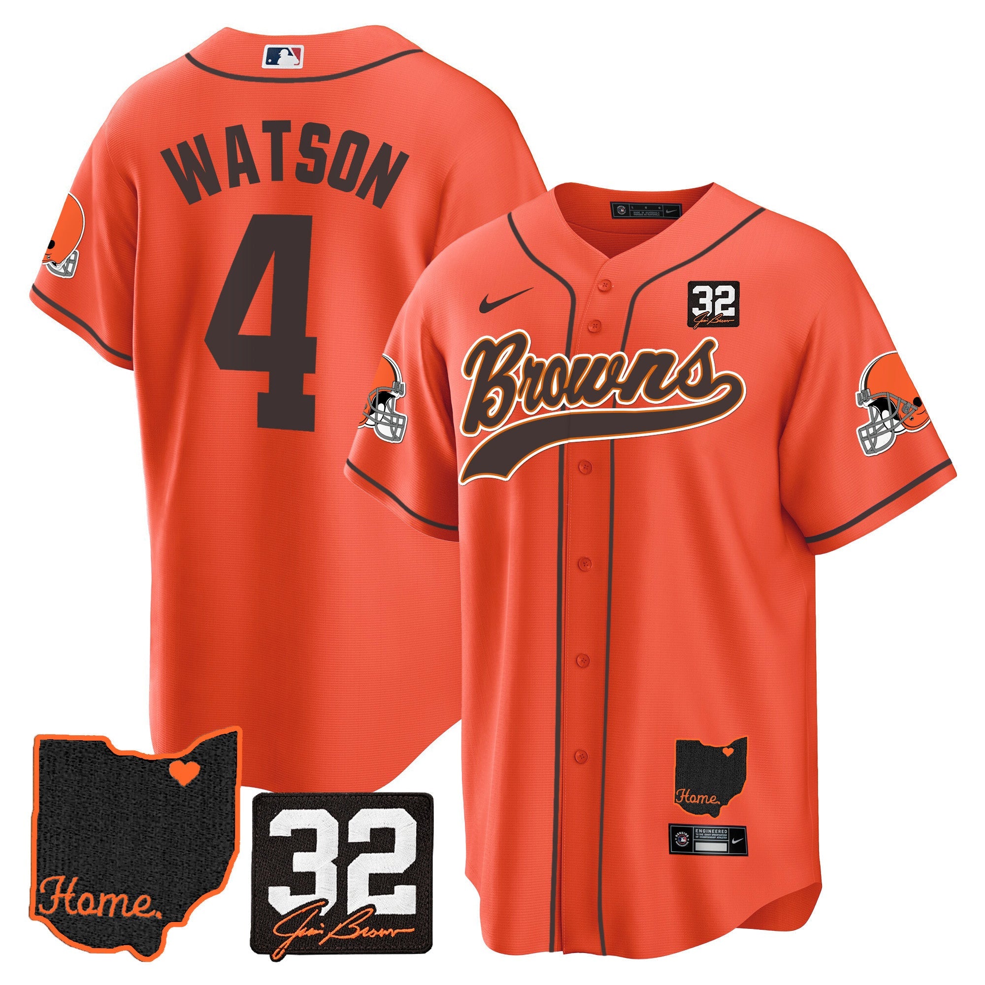 Browns #32 Jim Brown Memorial & Home Patch Baseball Jersey V2 – All Stitched – Orange – Deshaun Watson Jersey