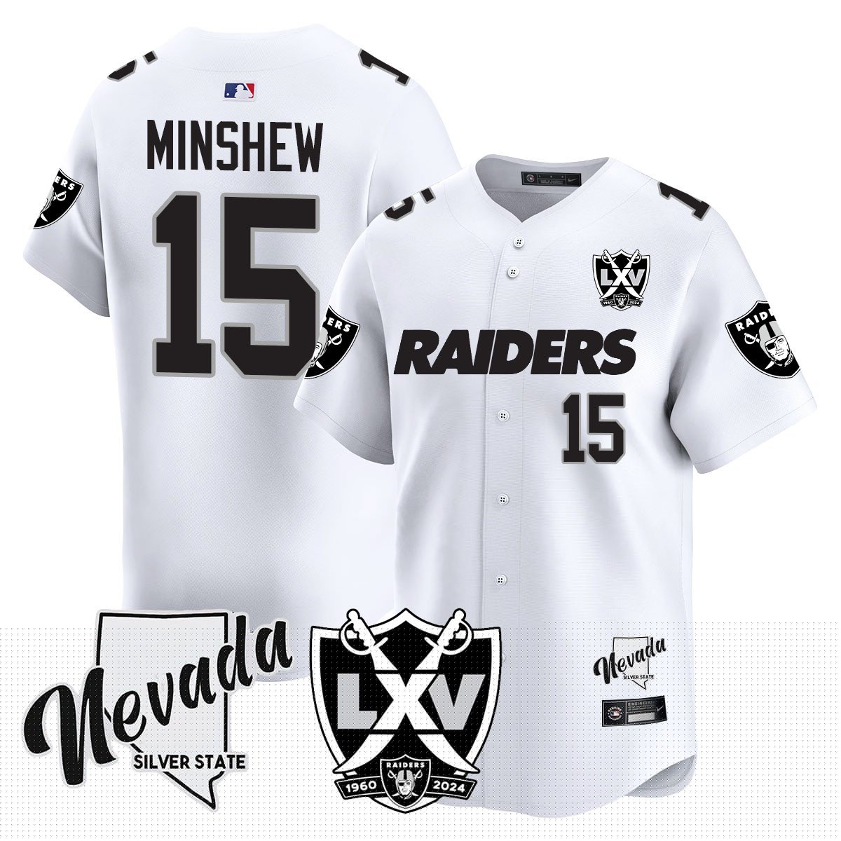 Raiders 2024 Baseball Limited Jersey – 65th Anniversary – All Stitched – Gardner Minshew – 15 – White Limited Jersey