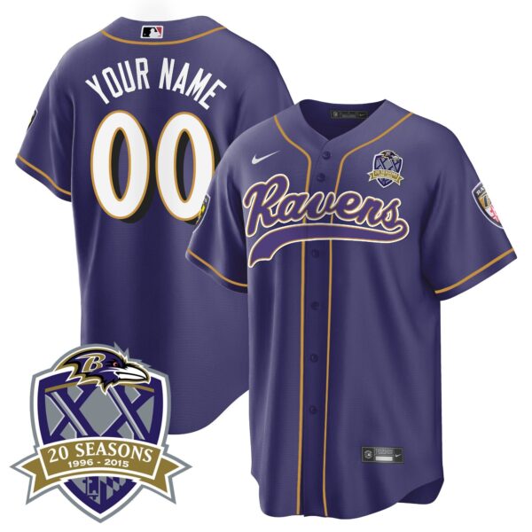 Ravens 20th Season Patch Baseball Custom Jersey – All Stitched – Purple Jersey