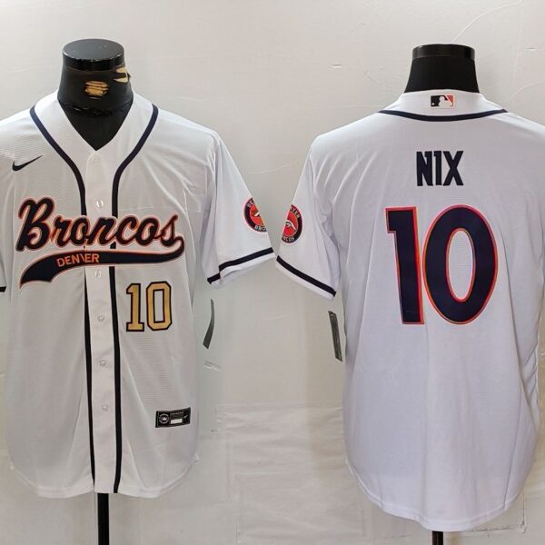 Men’s Denver Broncos #10 Bo Nix Number White Cool Base Stitched Baseball Jersey