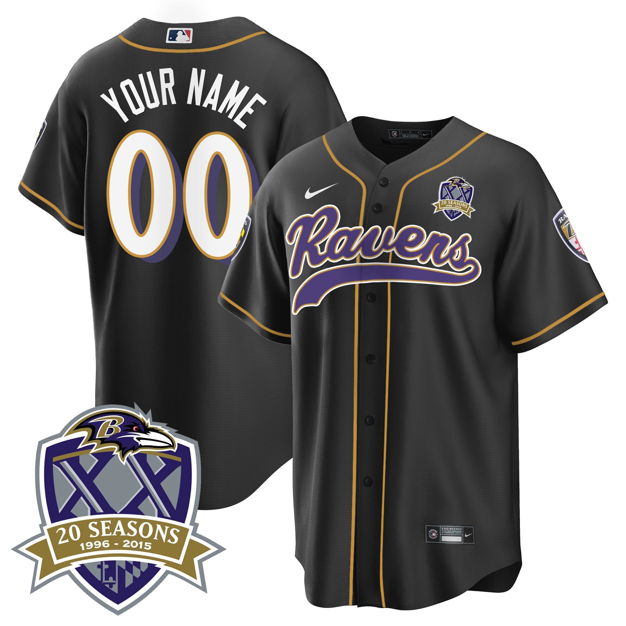 Ravens 20th Season Patch Baseball Custom Jersey – All Stitched – Black Jersey