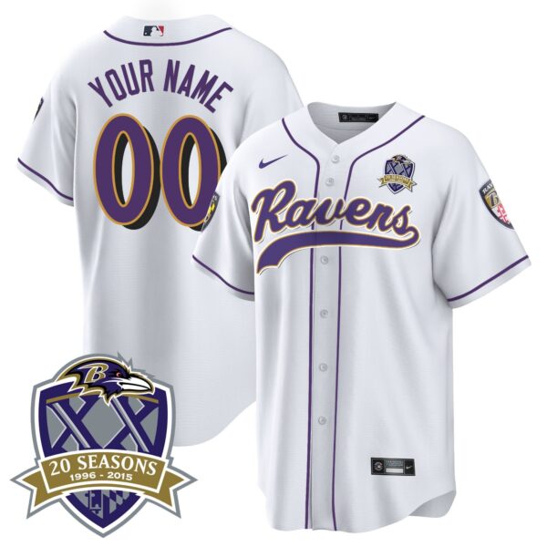 Ravens 20th Season Patch Baseball Custom Jersey – All Stitched – White Jersey