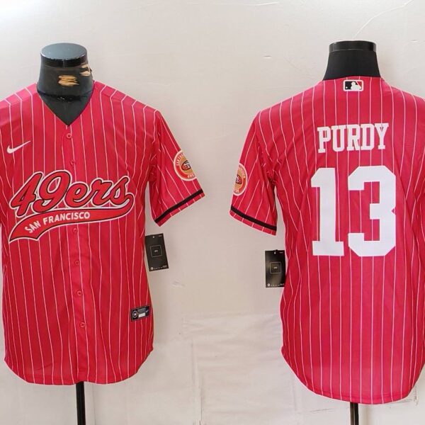 Men’s San Francisco 49ers #13 Brock Purdy Red Pinstripe With Patch Cool Base Stitched Baseball Jersey