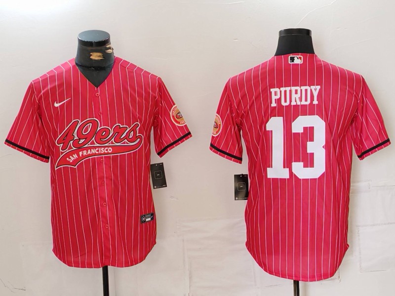 Men’s San Francisco 49ers #13 Brock Purdy Red Pinstripe With Patch Cool Base Stitched Baseball Jersey