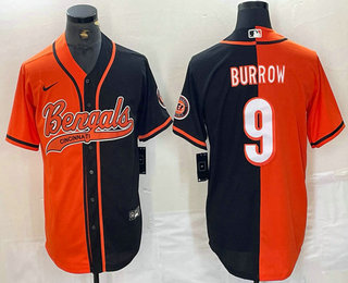 Men’s Cincinnati Bengals #9 Joe Burrow Orange Black Two Tone Cool Base Stitched Baseball Jersey