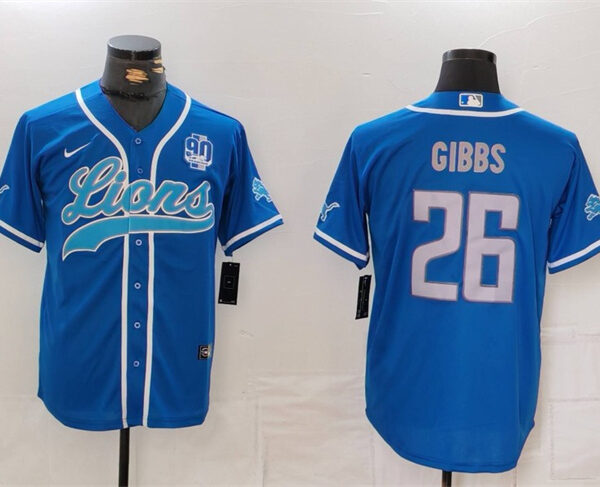 Men’s Detroit Lions #26 Jahmyr Gibbs Blue With 90th Anniversary Patch Cool Base Stitched Baseball Jersey