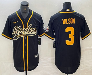 Men’s Pittsburgh Steelers #3 Russell Wilson Black With Patch Cool Base Stitched Baseball Jersey