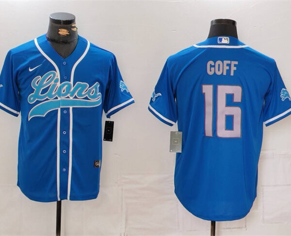 Men’s Detroit Lions #16 Jared Goff Blue Cool Base Stitched Baseball Jersey