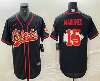 Men’s Kansas City Chiefs #15 Patrick Mahomes Black Team Big Logo With Patch Cool Base Stitched Baseball Jersey