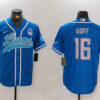 Men’s Detroit Lions #16 Jared Goff Blue With 90th Anniversary Patch Cool Base Stitched Baseball Jersey