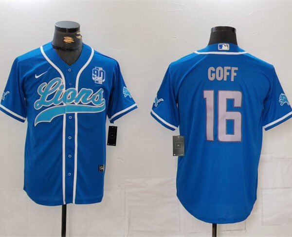 Men’s Detroit Lions #16 Jared Goff Blue With 90th Anniversary Patch Cool Base Stitched Baseball Jersey