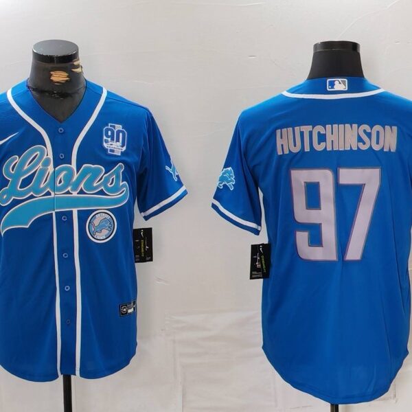 Men’s Detroit Lions #97 Aidan Hutchinson Blue With 90th Patch Cool Base Stitched Baseball Jersey