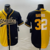 Men’s Pittsburgh Steelers #22 Najee Harris Yellow Black Split With Patch Cool Base Stitched Baseball Jersey