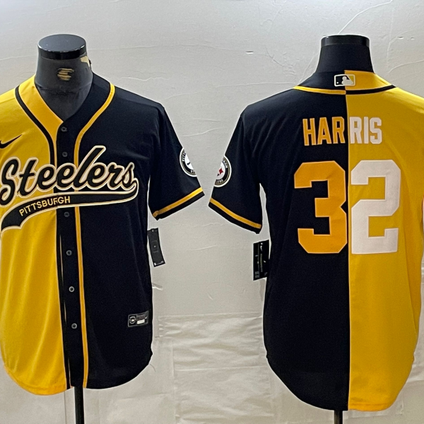 Men’s Pittsburgh Steelers #22 Najee Harris Yellow Black Split With Patch Cool Base Stitched Baseball Jersey