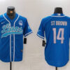 Men’s Detroit Lions #14 Amon-Ra St. Brown Blue With 90th Anniversary Patch Cool Base Stitched Baseball Jersey