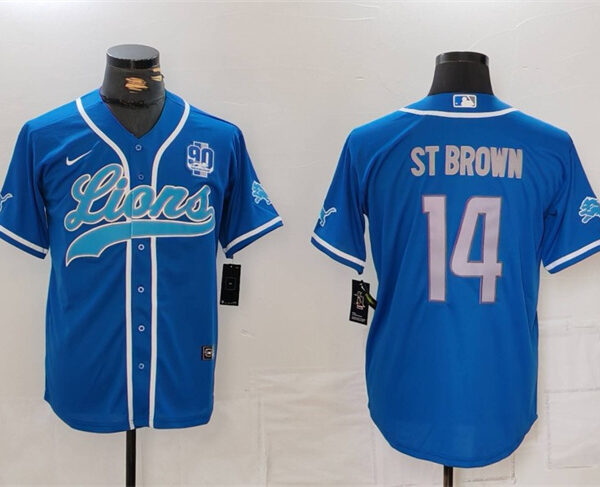 Men’s Detroit Lions #14 Amon-Ra St. Brown Blue With 90th Anniversary Patch Cool Base Stitched Baseball Jersey