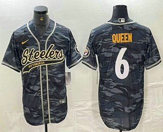 Men’s Pittsburgh Steelers #6 Patrick Queen Camo With Patch Cool Base Stitched Baseball Jersey