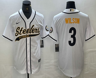 Men’s Pittsburgh Steelers #3 Russell Wilson White With Patch Cool Base Stitched Baseball Jerseys
