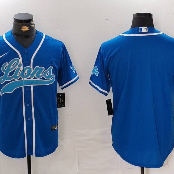 Men’s Detroit Lions Blank Blue Cool Base Stitched Baseball Jersey