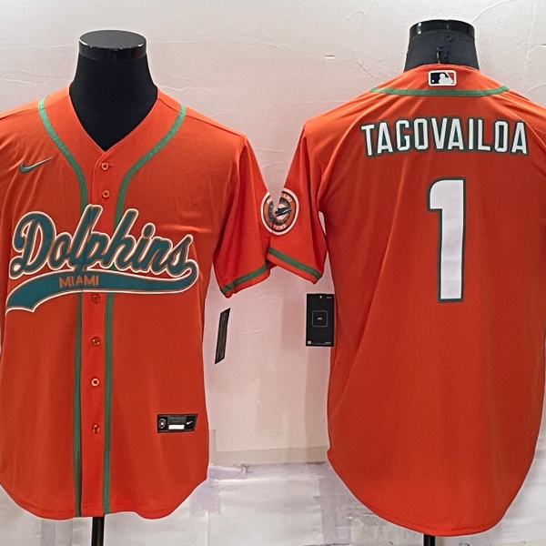 Men’s Miami Dolphins #1 Tua Tagovailoa Orange Stitched Cool Base Nike Baseball Jersey