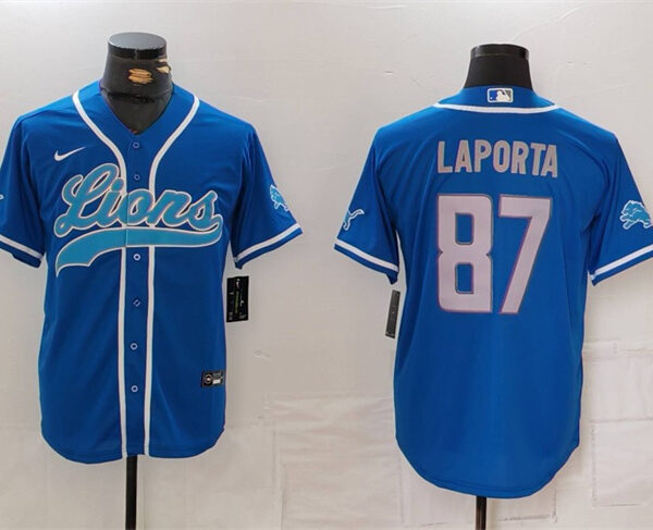 Men’s Detroit Lions #87 Sam LaPorta Blue Cool Base Stitched Baseball Jersey