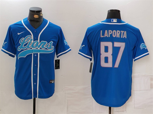 Men’s Detroit Lions #87 Sam LaPorta Blue Cool Base Stitched Baseball Jersey
