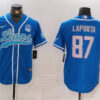 Men’s Detroit Lions #87 Sam LaPorta Blue With 90th Anniversary Patch Cool Base Stitched Baseball Jersey
