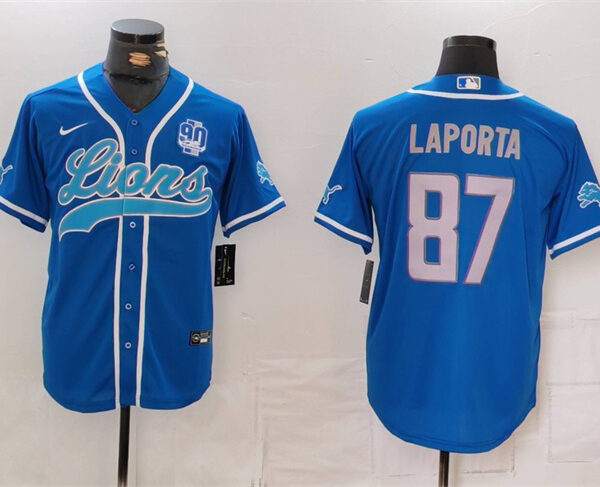Men’s Detroit Lions #87 Sam LaPorta Blue With 90th Anniversary Patch Cool Base Stitched Baseball Jersey