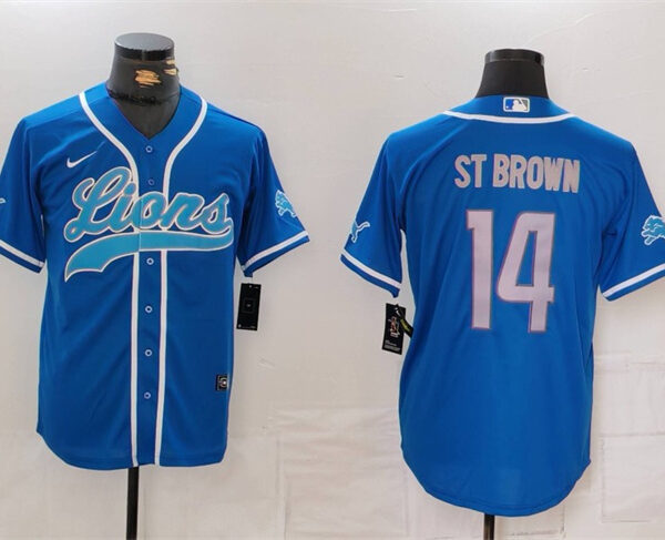 Men’s Detroit Lions #14 Amon-Ra St. Brown Blue Cool Base Stitched Baseball Jersey