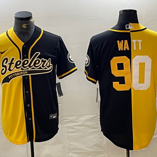 Men’s Pittsburgh Steelers #90 TJ Watt Yellow Black Split With Patch Cool Base Stitched Baseball Jersey