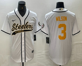 Men’s Pittsburgh Steelers #3 Russell Wilson White With Patch Cool Base Stitched Baseball Jersey