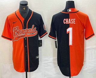 Men’s Cincinnati Bengals #1 JaMarr Chase Orange Black Two Tone Cool Base Stitched Baseball Jersey