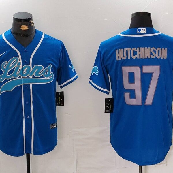 Men’s Detroit Lions #97 Aidan Hutchinson Blue Cool Base Stitched Baseball Jersey