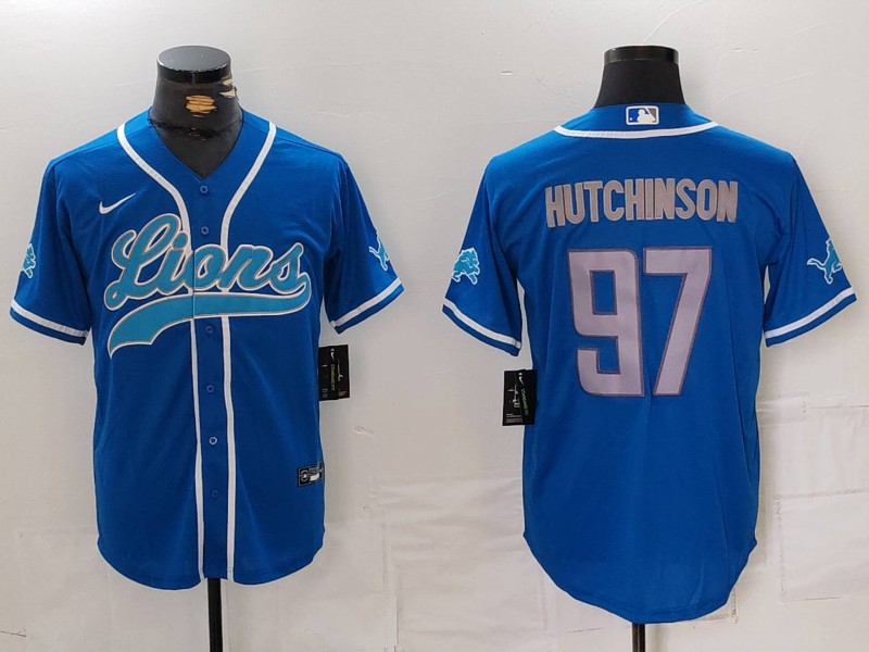 Men’s Detroit Lions #97 Aidan Hutchinson Blue Cool Base Stitched Baseball Jersey
