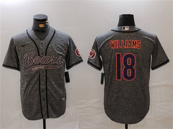 Men’s Chicago Bears #18 Caleb Williams Grey With Patch Cool Base Stitched Baseball Jersey
