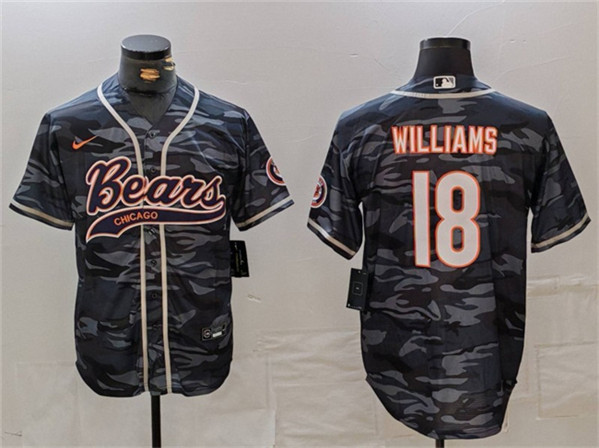 Men’s Chicago Bears #18 Caleb Williams Grey Camo With Patch Cool Base Stitched Baseball Jersey