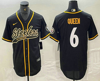 Men’s Pittsburgh Steelers #6 Patrick Queen Black With Patch Cool Base Stitched Baseball Jersey