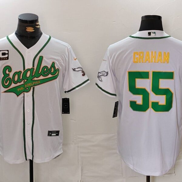 Men’s Philadelphia Eagles #55 Brandon Graham White Gold With C Patch Cool Base Stitched Baseball Jersey