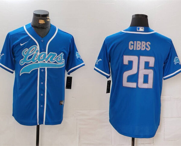 Men’s Detroit Lions #26 Jahmyr Gibbs Blue Cool Base Stitched Baseball Jersey