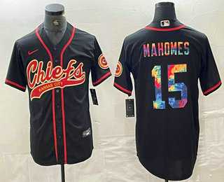 Men’s Kansas City Chiefs #15 Patrick Mahomes Black Multi Color With Patch Cool Base Stitched Baseball Jersey