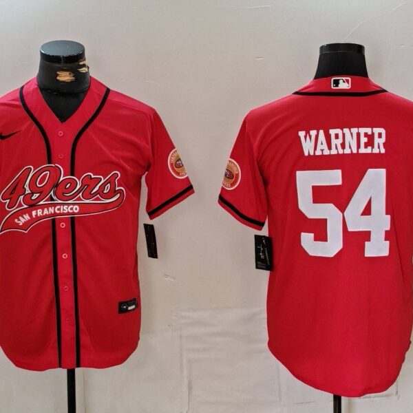 Men’s San Francisco 49ers #54 Fred Warner Red With Patch Cool Base Stitched Baseball Jersey