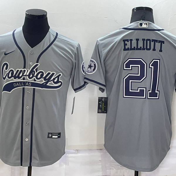 Men’s Dallas Cowboys #21 Ezekiel Elliott Grey Stitched Cool Base Nike Baseball Jersey