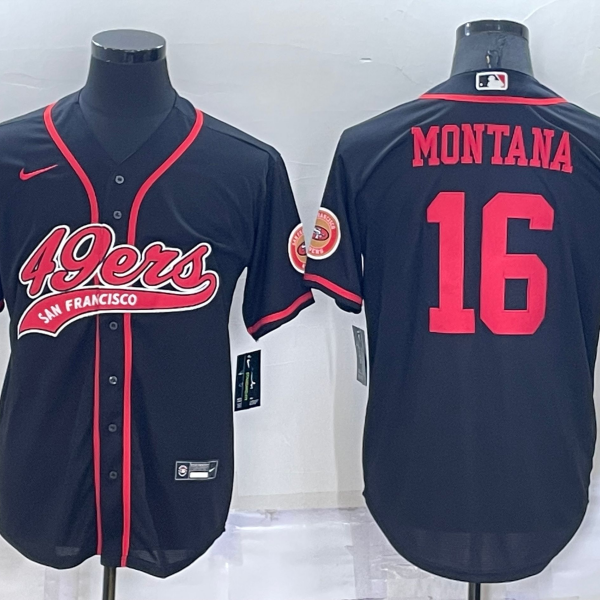 Men’s San Francisco 49ers #16 Joe Montana Black Stitched Cool Base Nike Baseball Jersey